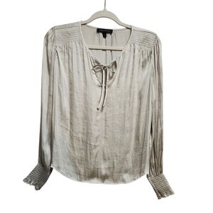 Banana Republic Satin Smocked Silver Blouse Top Glam Office Boss Babe Size Small